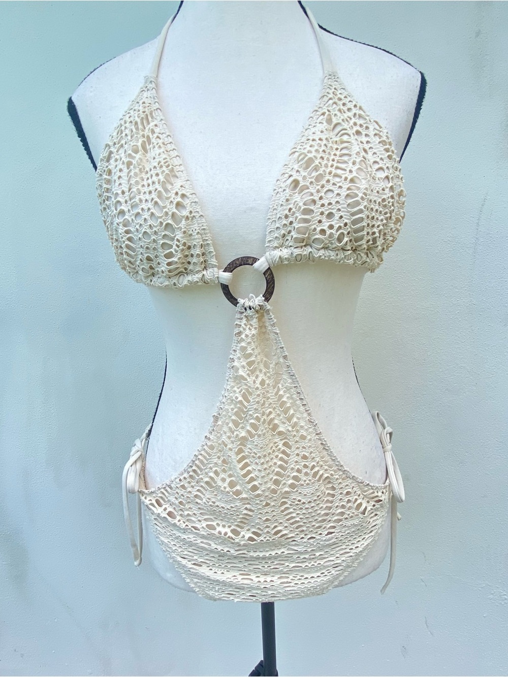 Y2K Rampage Cream Crochet Look Monokini Size Large